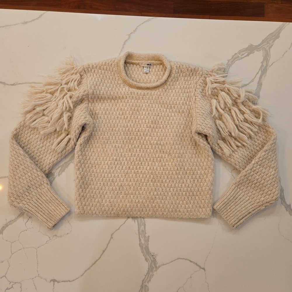 Amuse Society Womens Fringe Poof Sleeve Knit Sweater Cream Tan Size XS